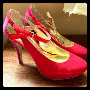 Hot hot hot red and pink suede platform Mary Janes